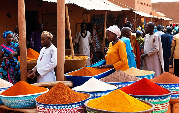 **Niamey Grand Market, Niger:** A vibrant and bustling market scene in Niamey, Niger. Capture the colorful displays of local crafts, fabrics, spices, and traditional goods. Include people interacting and selling items. The overall feeling should be lively and culturally rich.